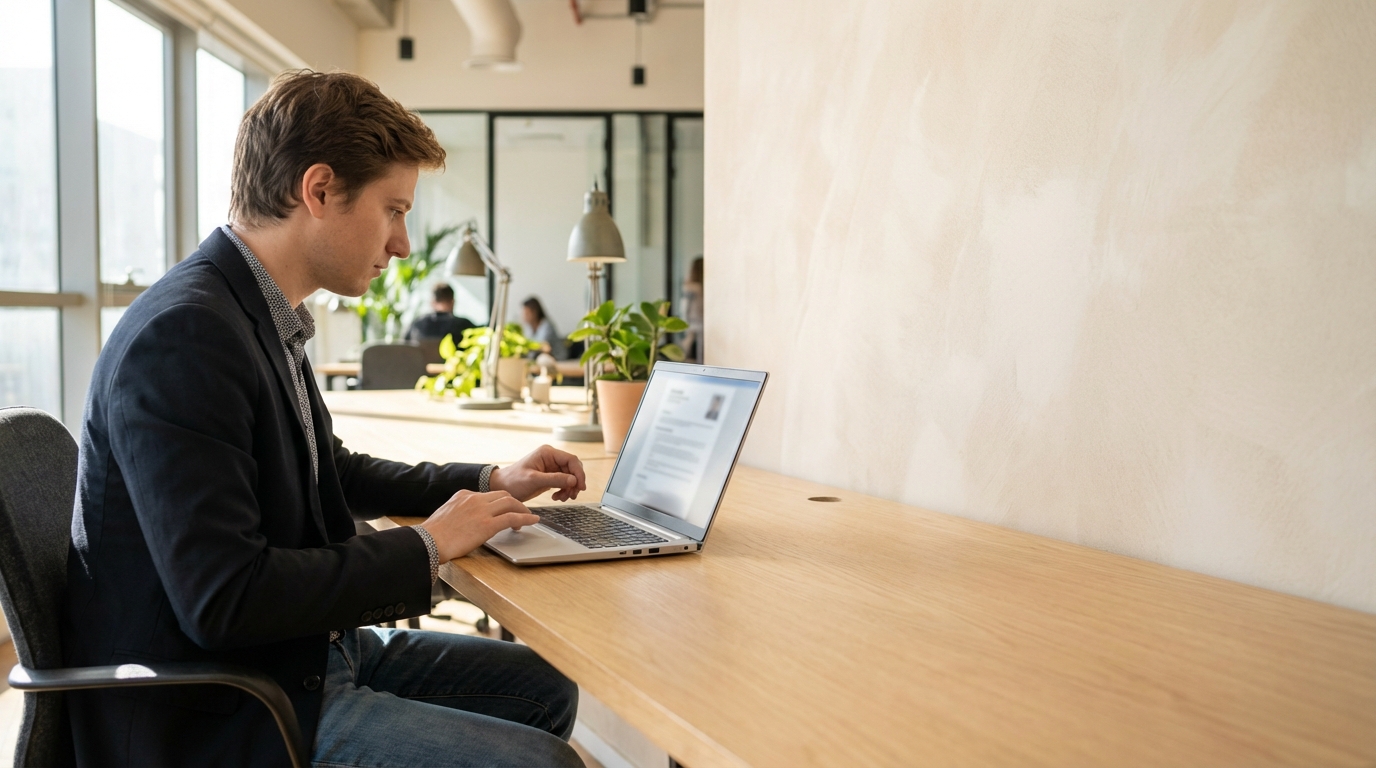 מועמדת ישראלית עורכת קורות חיים על לפטופ בחלל עבודה מודרני בתל אביב