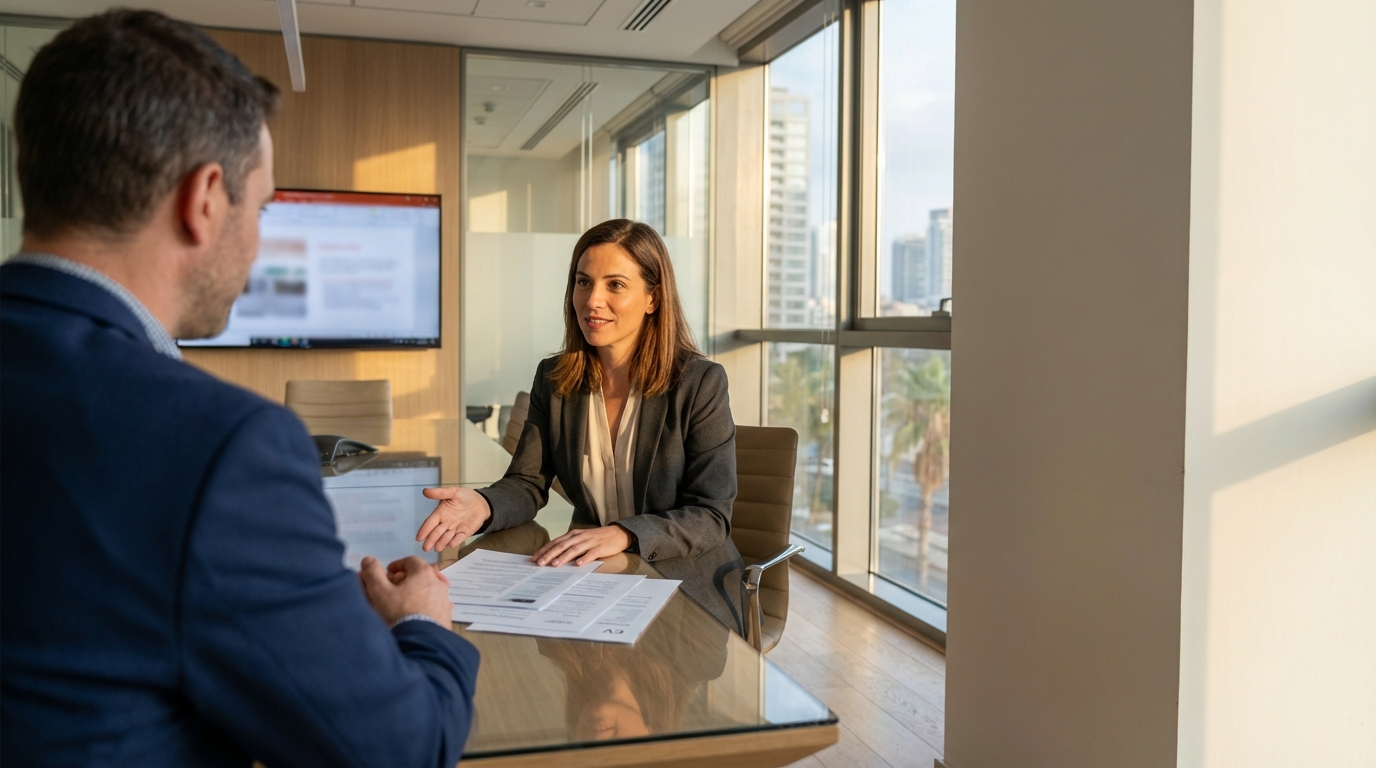 מועמד יוזם ושואל שאלות במהלך ראיון עבודה במשרד מודרני בתל אביב