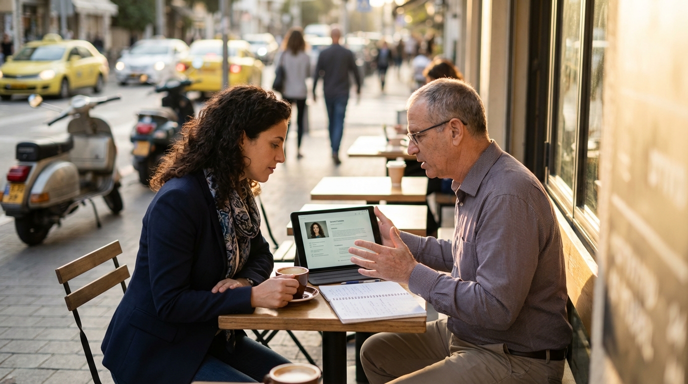 מועמדת ישראלית יושבת בבית קפה בתל אביב עם מחשב נייד פתוח, מציגה תיק עבודות מקצועי למנטורית קריירה, אווירה חמה ואותנטית