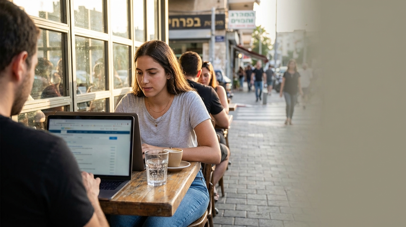 מועמדת ישראלית יושבת בקפה בתל אביב, מסוקרנת ועוקבת אחרי מודעות דרושים בהייטק במחשב נייד