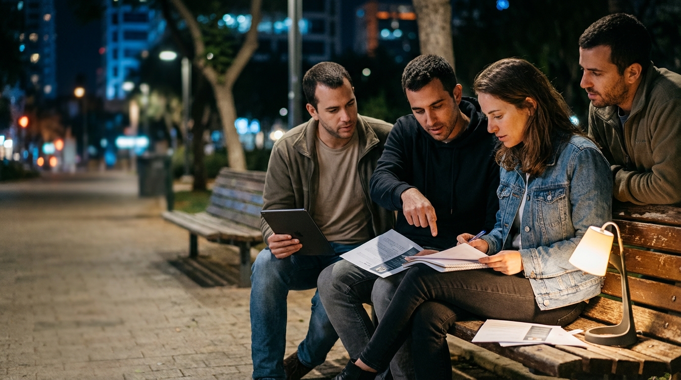 מועמדת לסטארטאפ ישראלי יושבת בגינת ציבור בלילה, בוחנת דפי קורות חיים מודפסים לצד מייסדי הסטארטאפ
