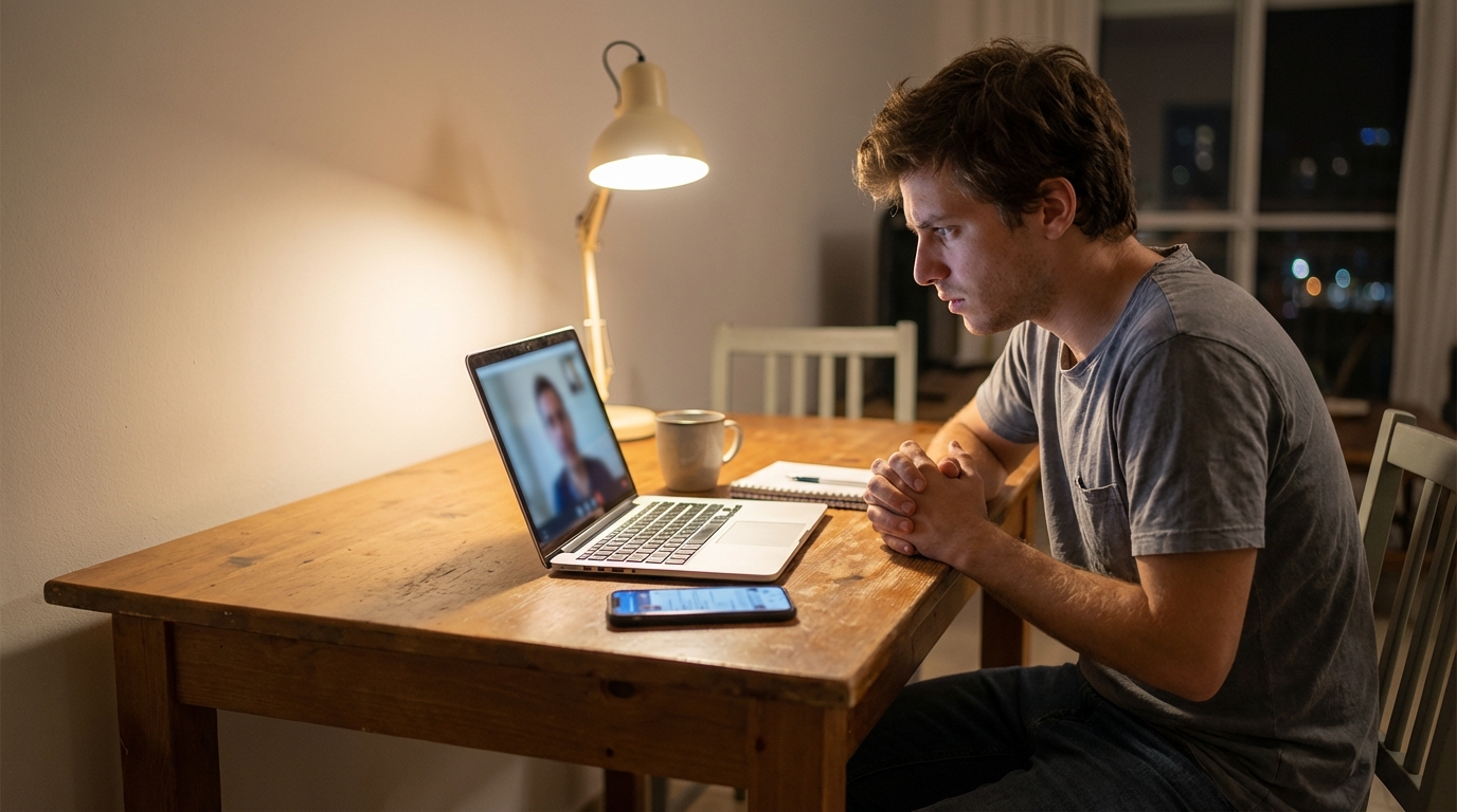 מועמד ישראלי בלבוש יומיומי יושב מתוח ליד שולחן אוכל מואר במנורת לילה, מחכה לשיחת וידאו עם מנהלת גיוס, כשבסמארטפון לצידו מופיע לינקדאין מטושטש ונשארת בחזית תמונה שטח ריק לשביל כותרת בצד שמאל