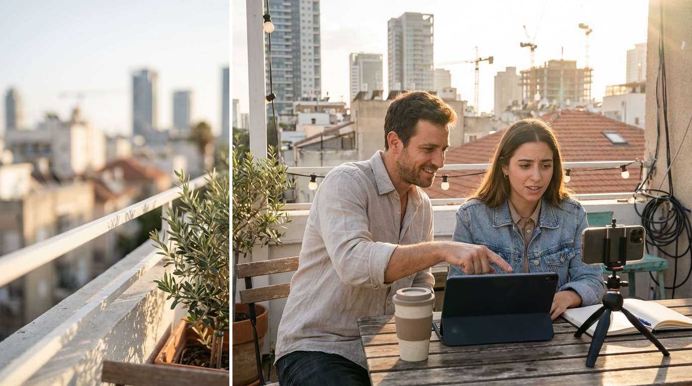 מועמדת ישראלית מצלמת וידאו היכרות על גג סטארטאפ בתל אביב לצד מנטור מנוסה