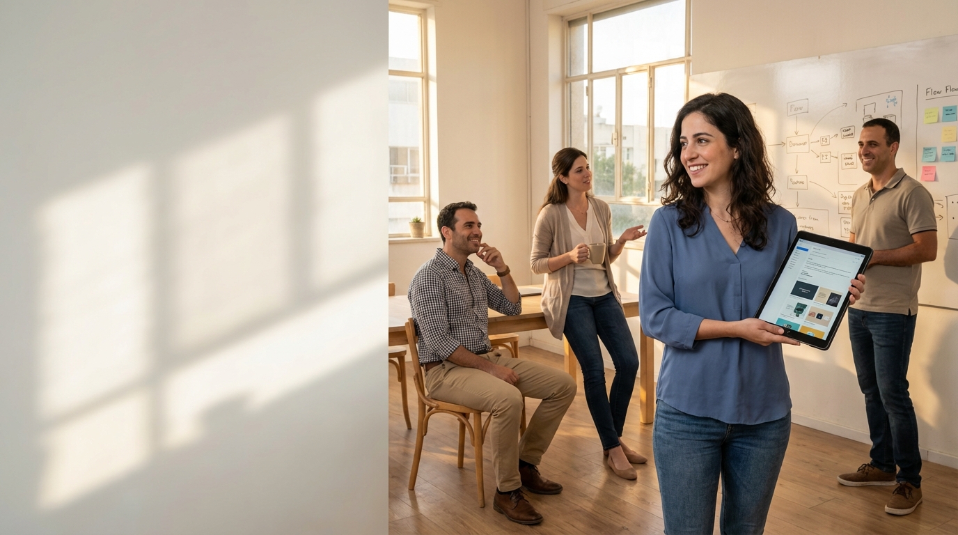 מועמדת צעירה בישראל חוגגת הצעת עבודה ראשונה בהייטק עם קבוצת נטוורקינג קטנה בסטודיו יצירתי, מציגה בטאבלט את ההצעה והפורטפוליו שלה על רקע קיר לוח מחיק