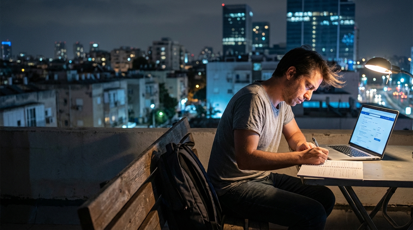 מועמד יושב לבד בלילה על גג בתל אביב מול לפטופ פתוח, מעיין בהערות ראיון במחברת ליד מסך עם אתר דרושים מטושטש