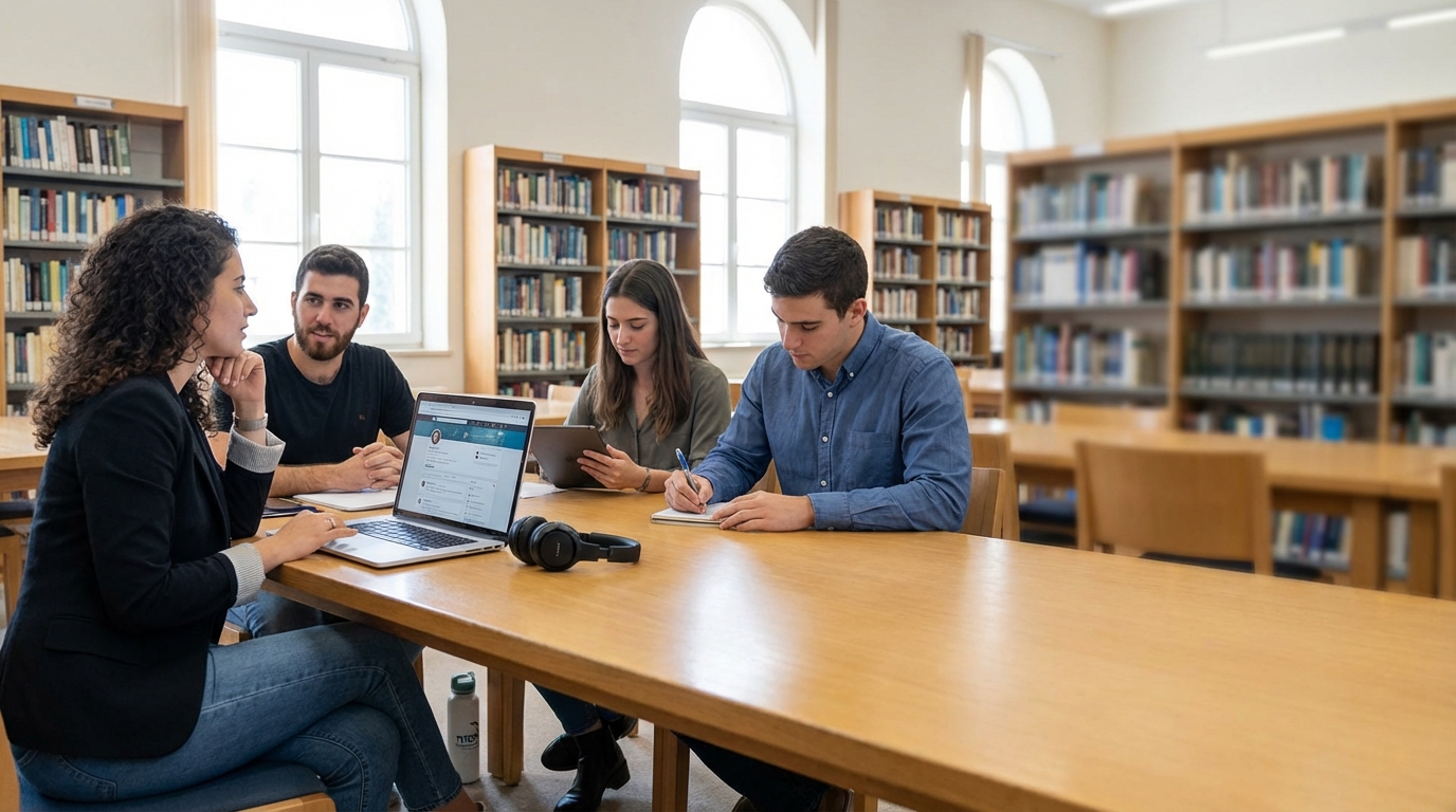ארבעה סטודנטים ישראלים בלבוש עסקי־יומיומי סביב שולחן לימוד בספריה, משוחחים על מחשב נייד ואוזניות מונחות לידו