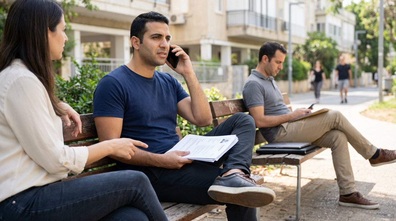 מועמד להייטק יושב על ספסל בגינה ציבורית בתל אביב, מחזיק טלפון לאוזן ובידו השנייה דפי קורות חיים מודפסים, כשמאחוריו יושבים מאמנת קריירה ומגייסת המשוחחות ביניהן