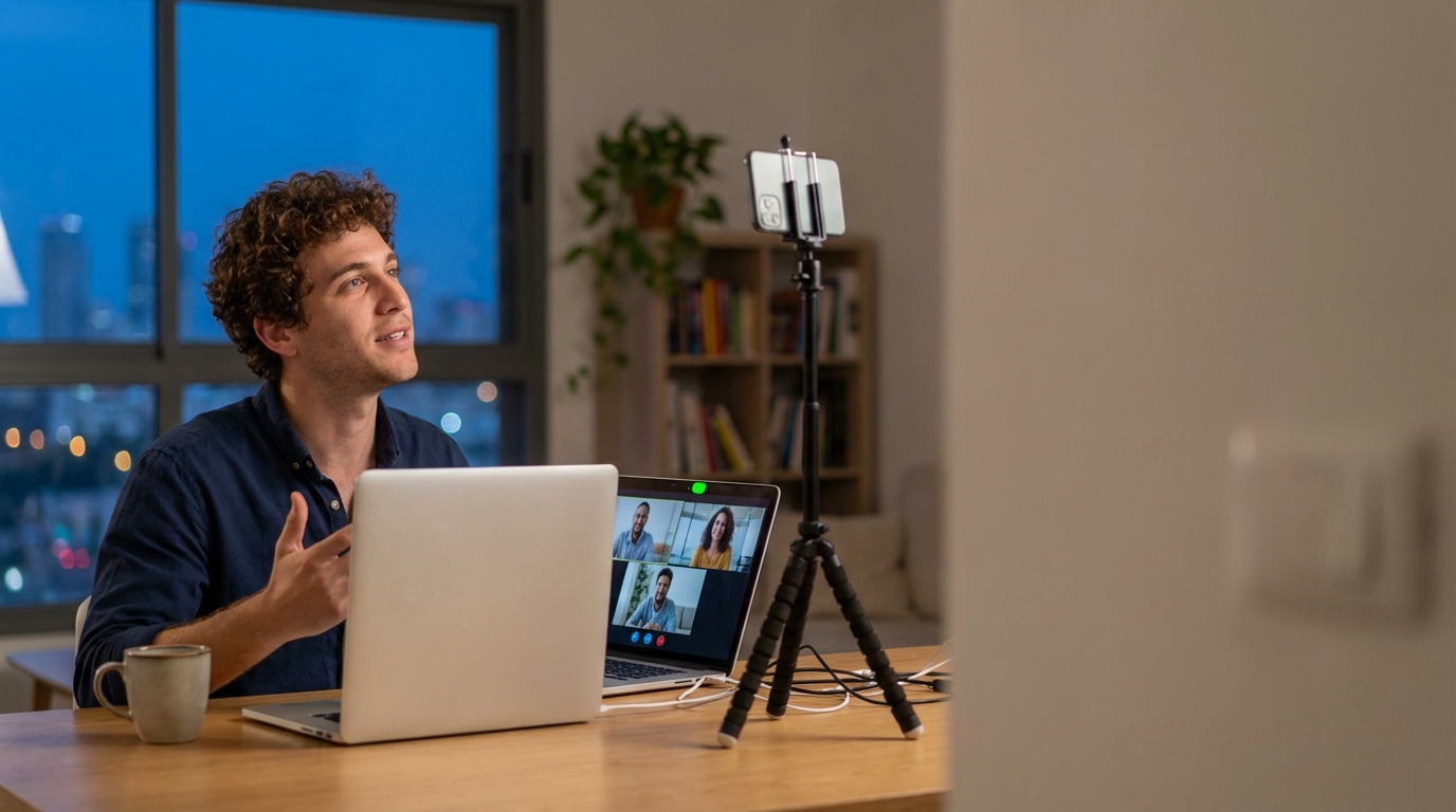 מועמד ישראלי יושב בדירת הייטק מודרנית מול לפטופ פתוח, מחזיק ספל קפה ומקליט סרטון היכרות, ושלושה חברי קבוצת נטוורקינג משתקפים במסך