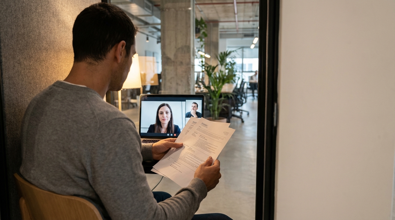 שלושה אנשים בחדר טלפון שקט במרחב עבודה משותף, אחד מחזיק דפי קורות חיים מודפסים ומביט במסך.