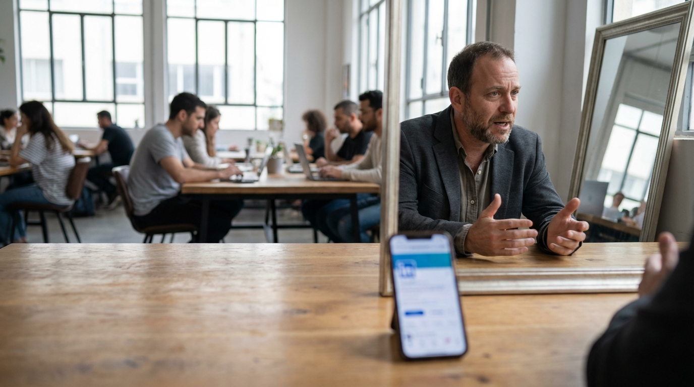 אדם עומד מול מראה בחלל עבודה משותף ומתרגל תשובות לראיון בזמן שמכשיר טלפון מציג מסך לינקדאין מטושטש על השולחן