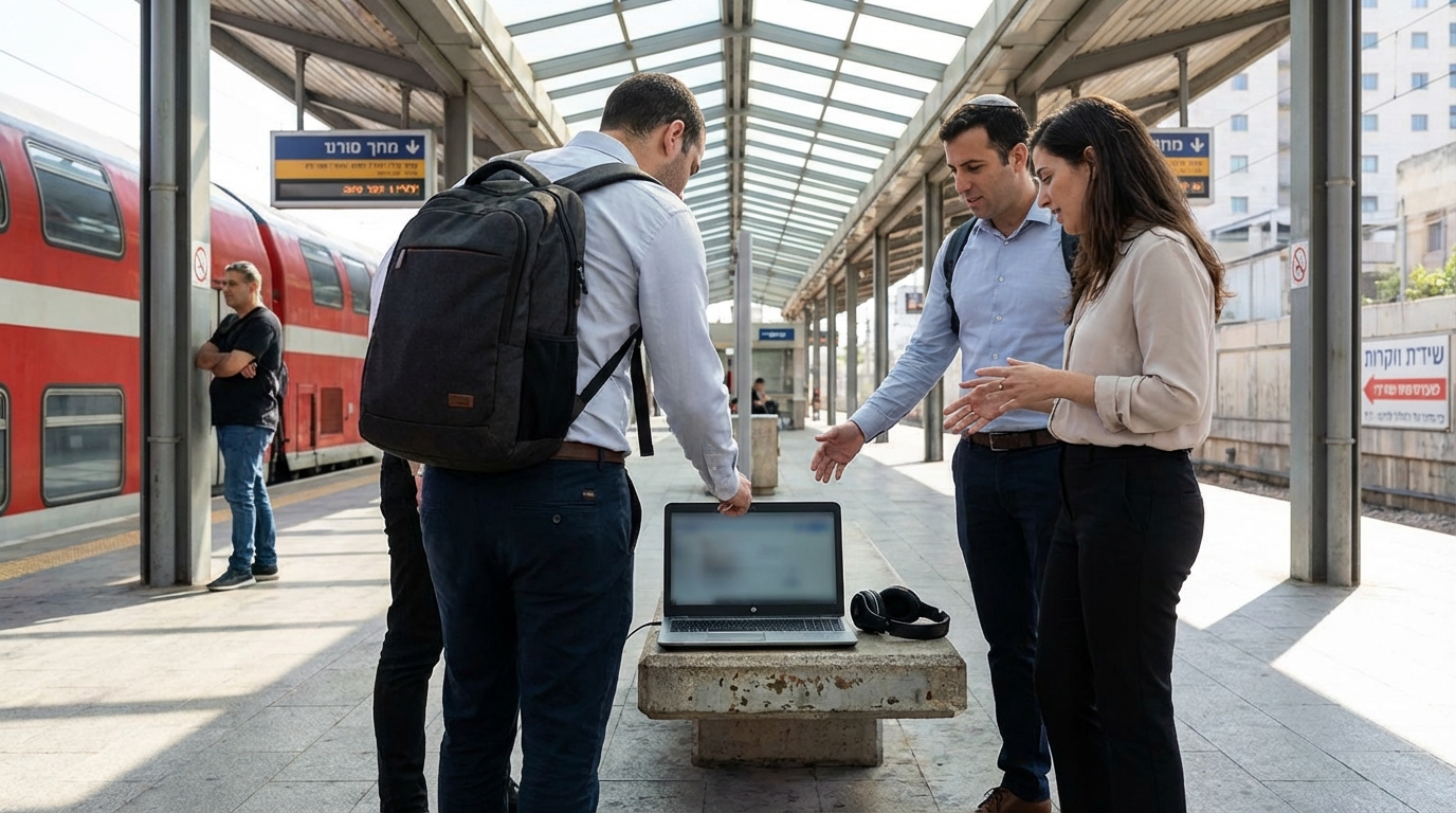 ארבעה אנשים בתחנת רכבת בבוקר, שני מייסדי סטארטאפ ומועמד עומדים ליד ספסל עם מחשב נייד ואוזניות לצידו, אחד מהם מביט במסך מאחור.