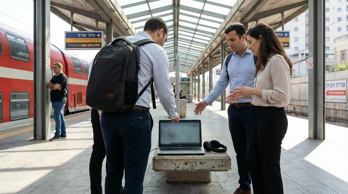 ארבעה אנשים בתחנת רכבת בבוקר, שני מייסדי סטארטאפ ומועמד עומדים ליד ספסל עם מחשב נייד ואוזניות לצידו, אחד מהם מביט במסך מאחור.