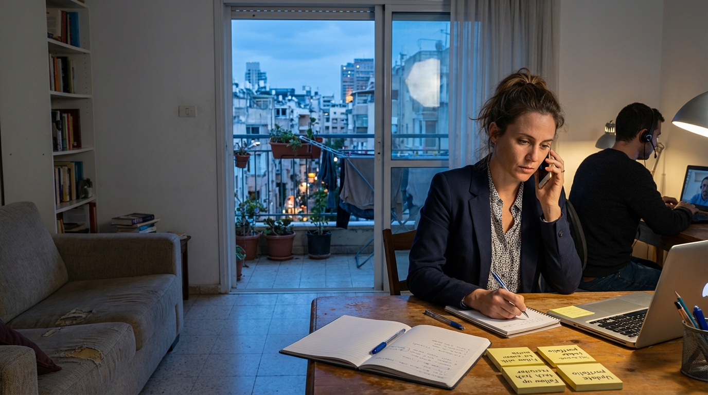 אישה יושבת ליד שולחן בסלון דירה משותפת, מביטה במחשב נייד בזמן שמגייסת מדברת איתה בטלפון ליד פתקיות דביקות על השולחן