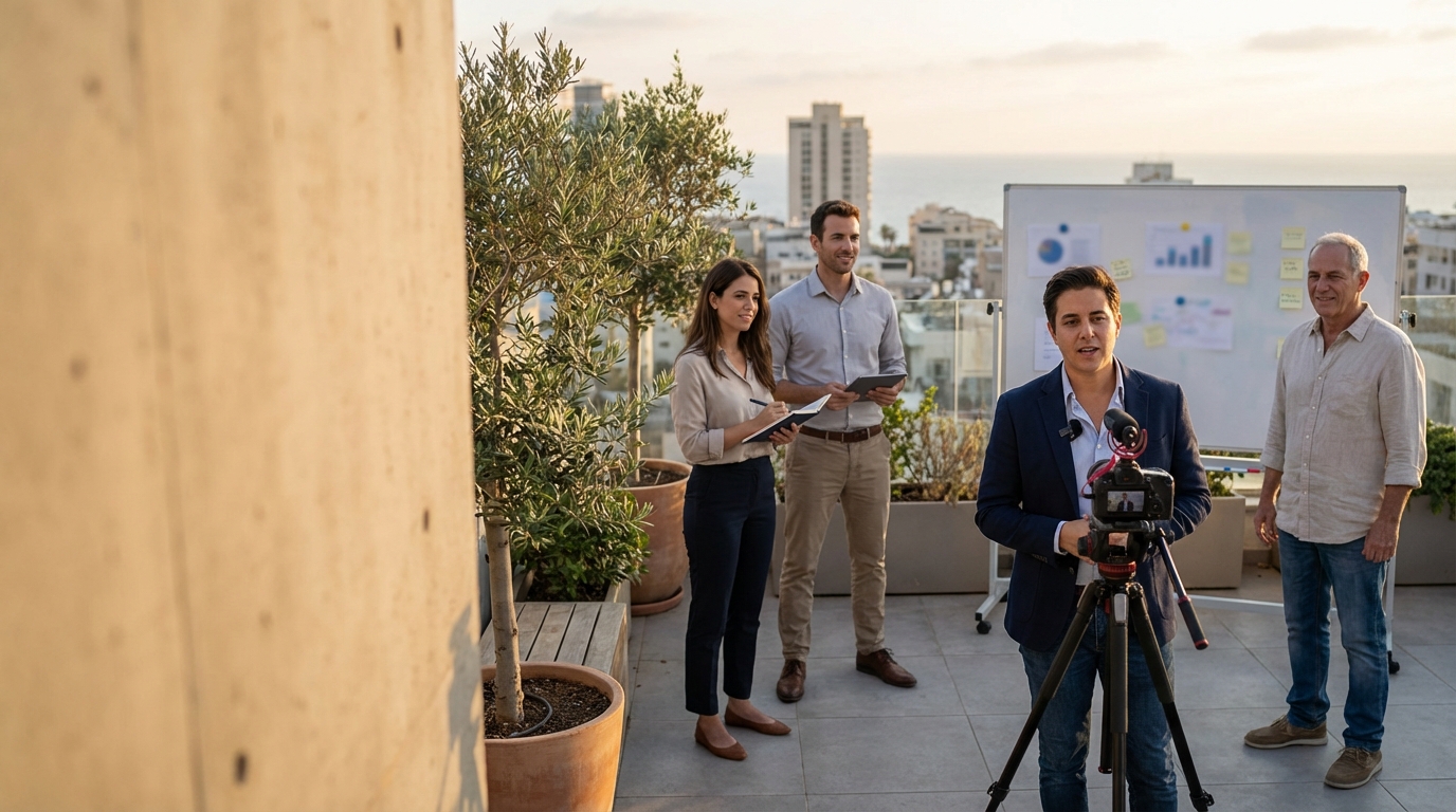 אדם לבוש smart casual עומד על גג בתל אביב ומדבר למצלמה בזמן שמאחוריו שלושה אנשי גיוס מביטים בו ליד לוח לבן מטושטש.