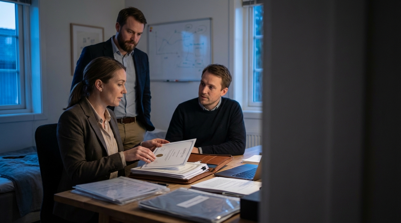 אישה צעירה מסדרת תעודות ועמוד תיק עבודות על שולחן ליד מחשב נייד, בעוד שני אנשים נוספים עומדים מאחוריה בחדר שינה ביתי.