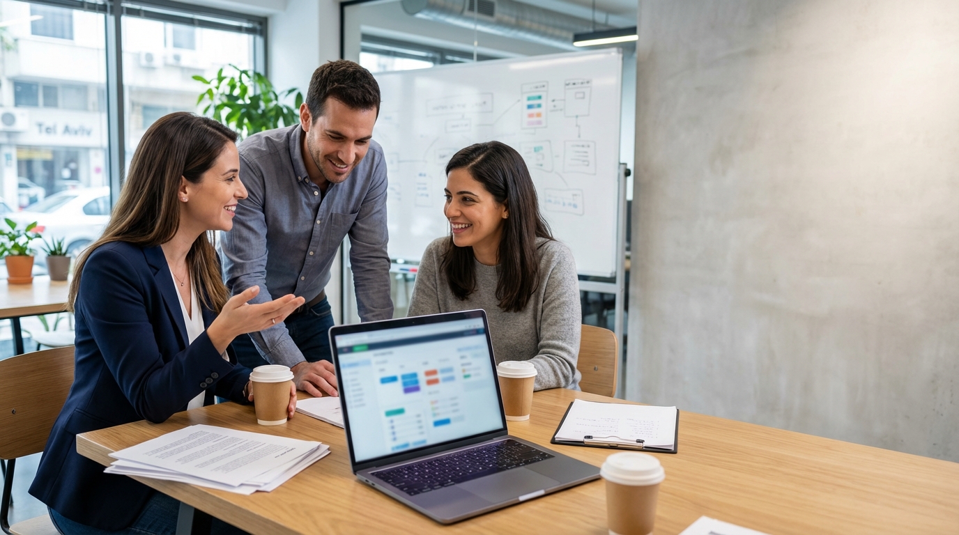 פגישת גיוס צוותית במשרד מודרני בתל אביב עם מגייסים ומועמד סביב מחשב נייד
