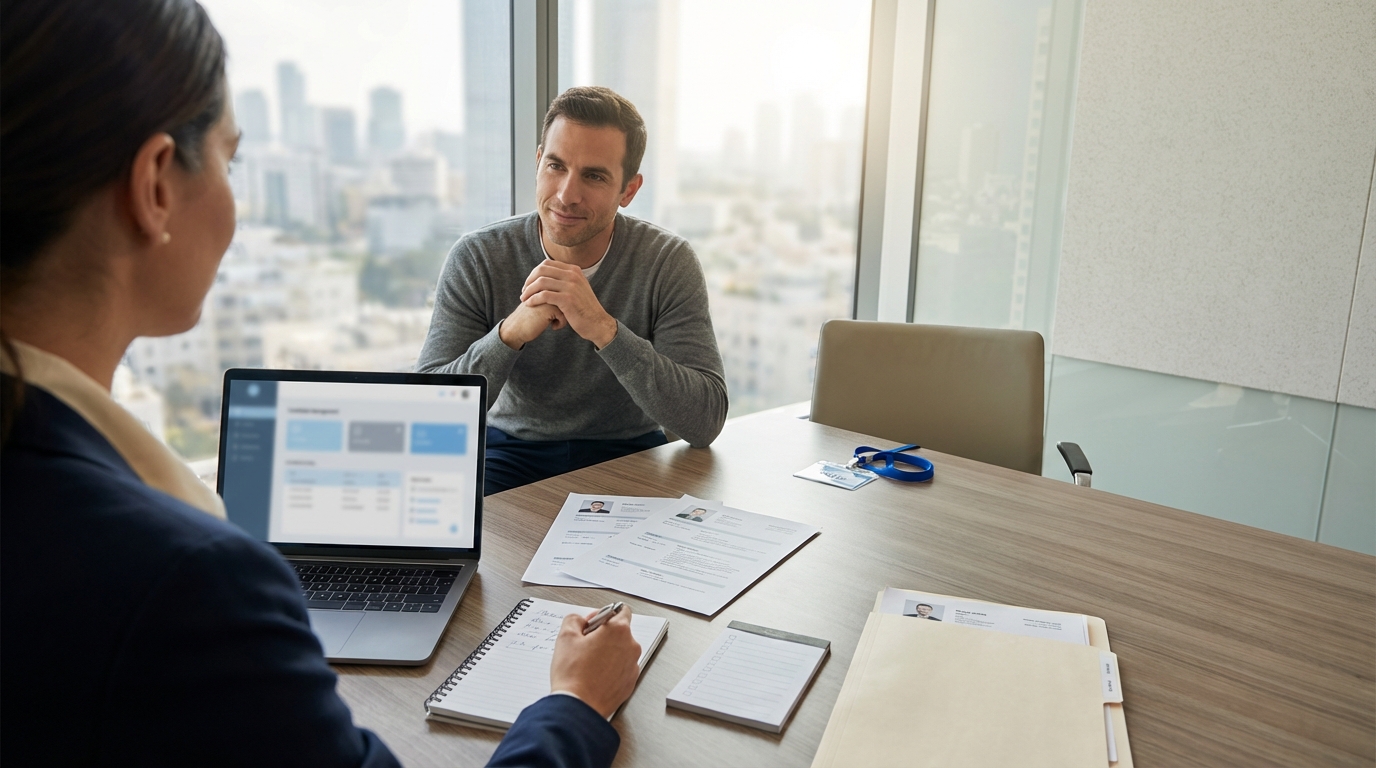 מגייסת ומשתתף בריאיון עומק בחדר ישיבות מודרני עם מחשב נייד פתוח, קורות חיים מודפסים ופנקס הערכה מקצועית