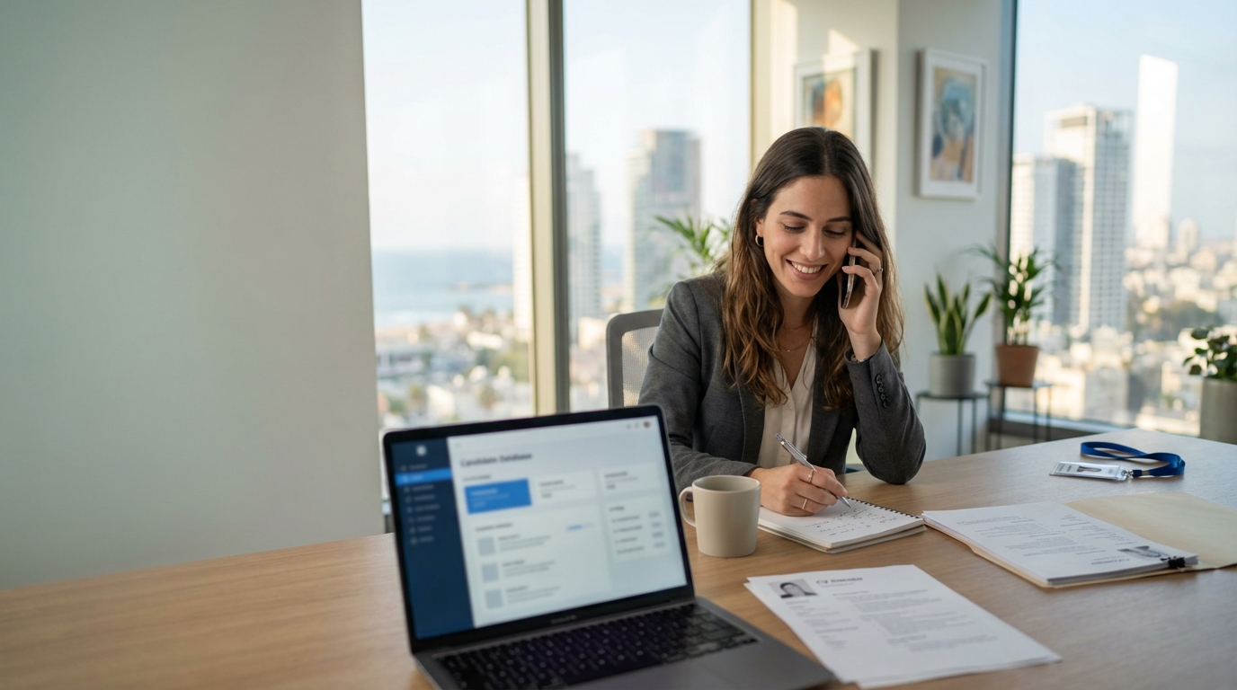 מגייסת בהיי טק מסננת מועמדים על מחשב נייד וכותבת הערכה מקצועית