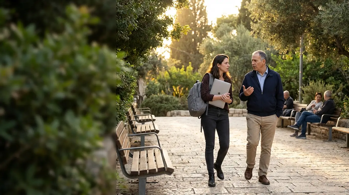 שני אנשים יושבים על ספסל בפינת ישיבה בגינה ציבורית, אחד מחזיק לפטופ ותיק גב לידו והשני מדבר איתו בהליכה קלה.