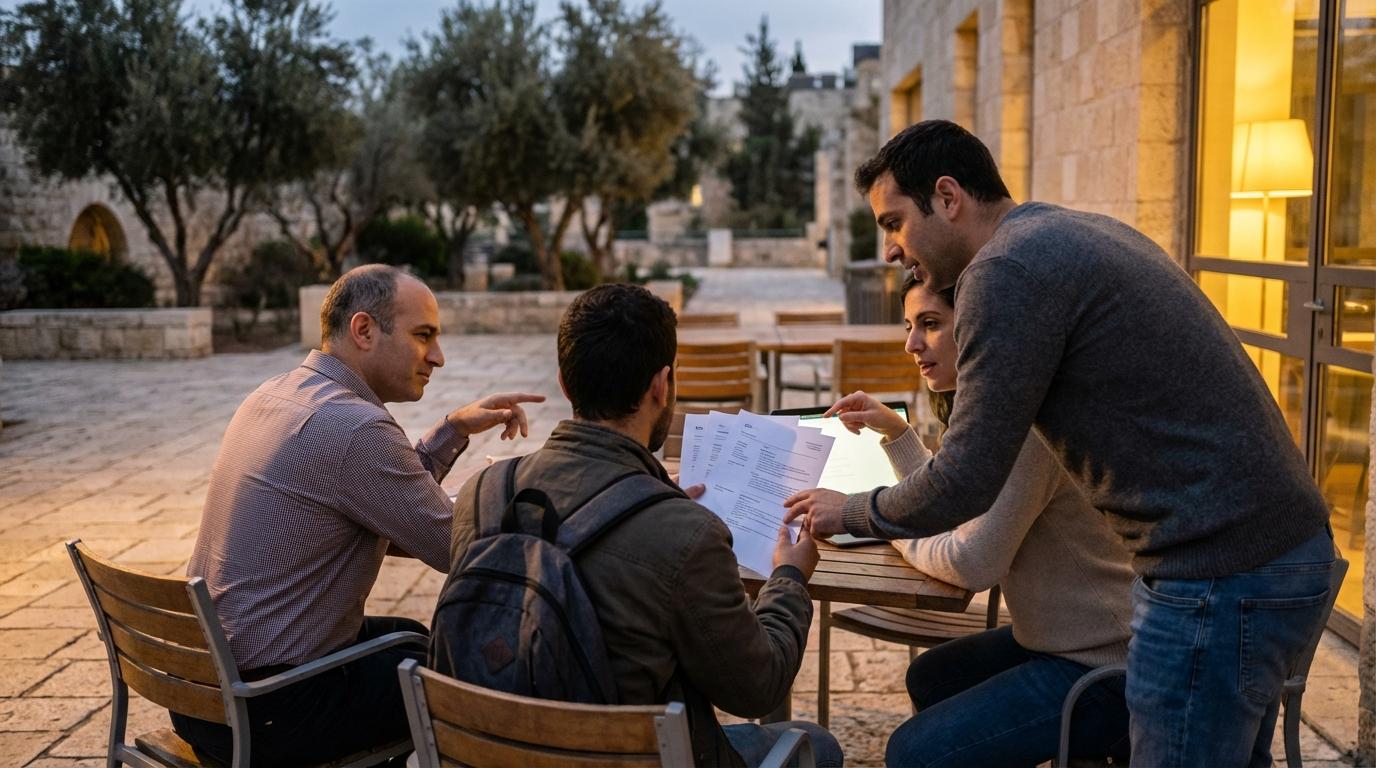 ארבעה אנשים יושבים סביב שולחן קטן בפינת ישיבה ציבורית בגינה, עם דפי קורות חיים מודפסים ביד אחת מהם.