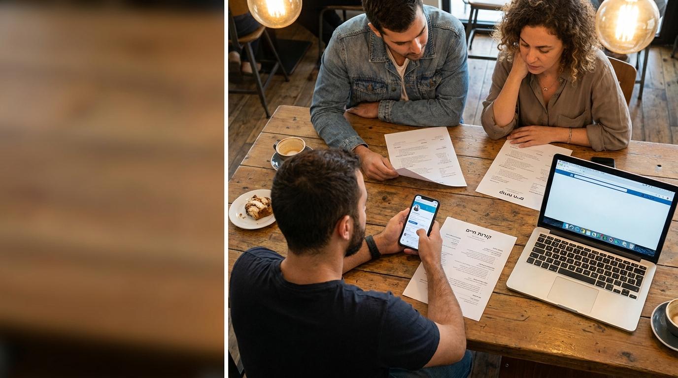 אדם בודק את פרופיל ה-LinkedIn שלו בסמארטפון ליד דפי קורות חיים מודפסים בבית קפה שקט, בעוד מגייס ובעלת סטארט-אפ יושבים מולו בשולחן קטן.