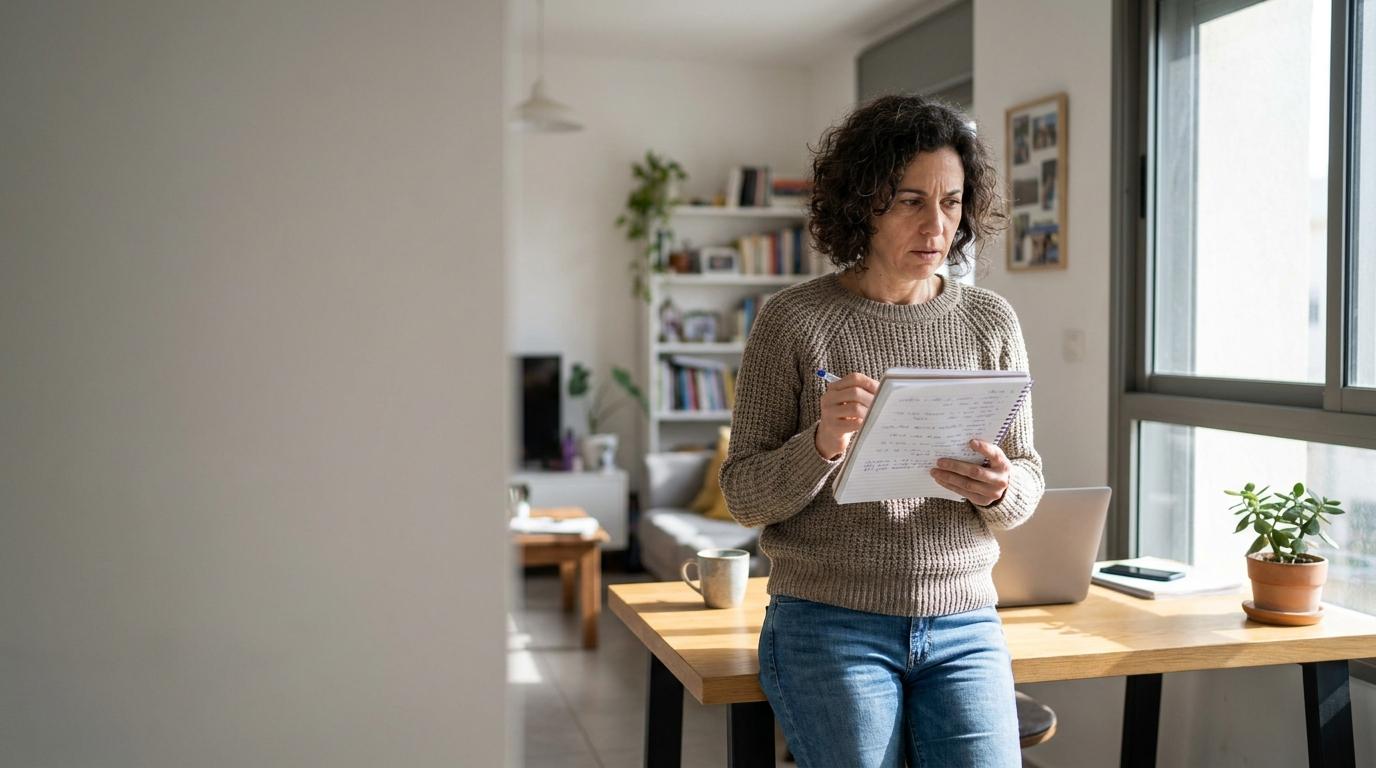 אדם לבוש בגדים יומיומיים יושב במשרד ביתי מודרני ליד מחברת פתוחה עם הערות בכתב יד, מבט מרוכז בזמן הכנה לריאיון עבודה.