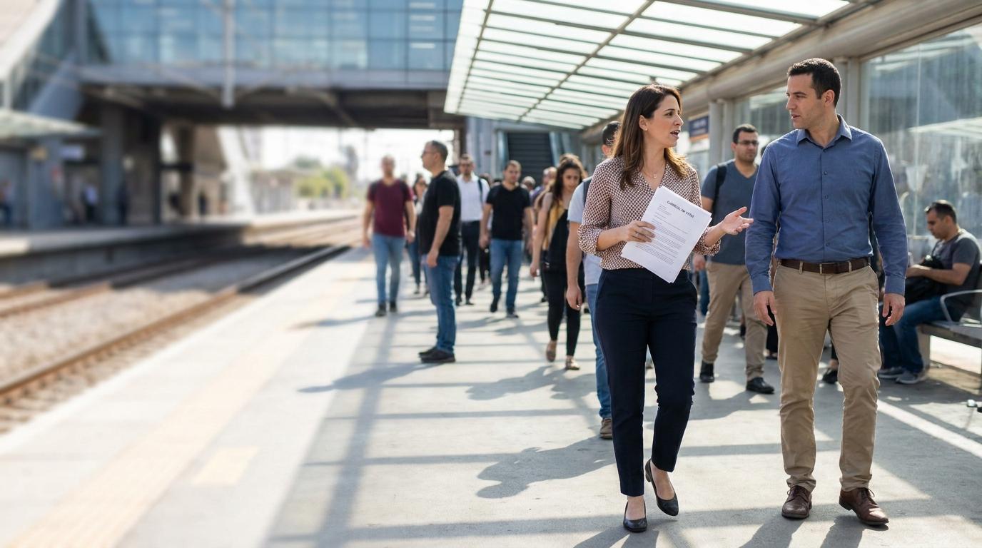 שני אנשים בתחנת רכבת בבוקר, אחד מחזיק דפי קורות חיים מודפסים ומשוחח עם אדם נוסף בלבוש עסקי־קז'ואל.