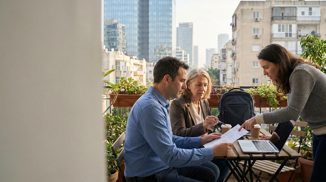 שלושה אנשים במרפסת עירונית בוחנים יחד קורות חיים ליד מחשב נייד ותרמיל גב
