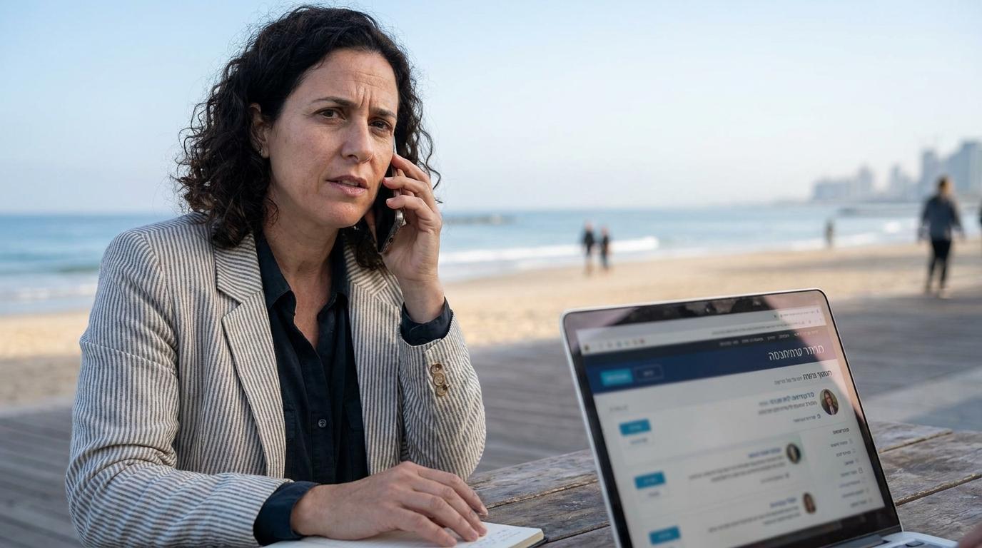 אישה לבושה ביזנס קז’ואל עומדת ליד שולחן עבודה חופי ומדברת בטלפון, מול מחשב נייד פתוח עם אתר דרושים מטושטש על המסך.