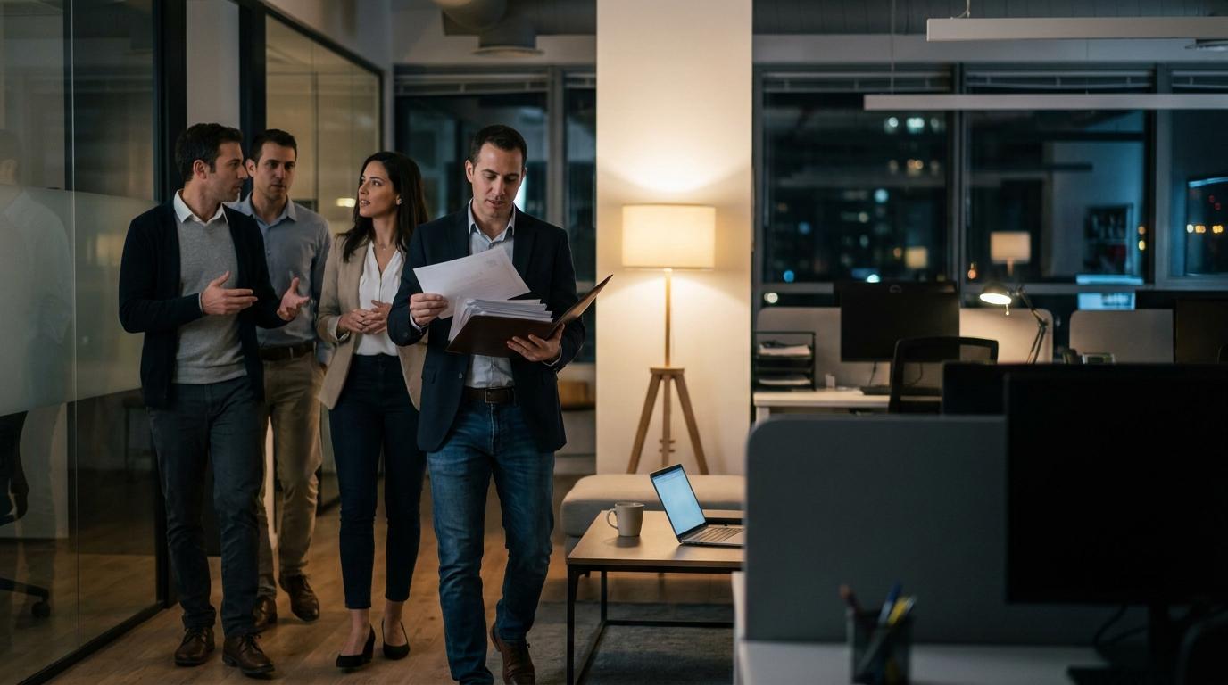 ארבעה אנשים בלבוש smart casual בלובי מודרני במשרד, עם ספל קפה ולפטופ על שולחן, בזמן שהמועמד מסדר תעודות ופורטפוליו.