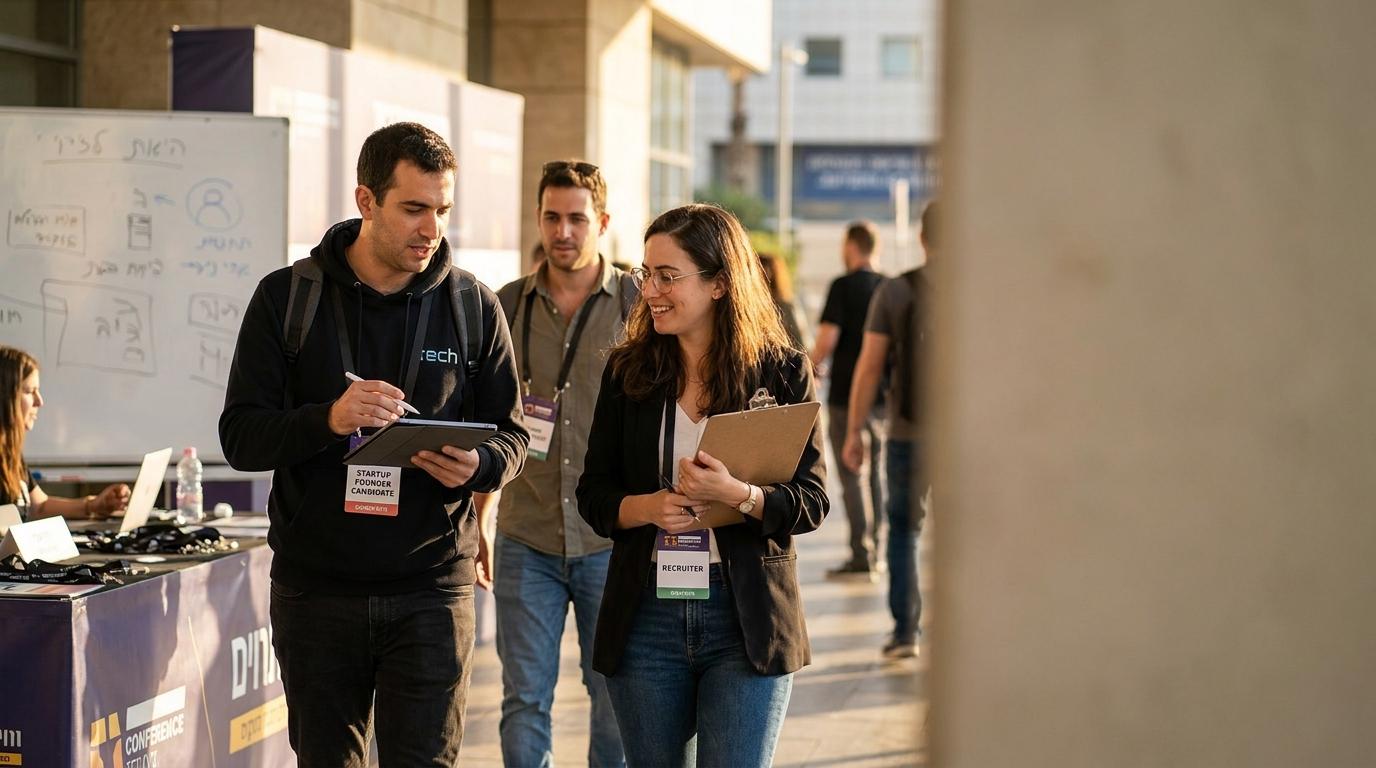 שלושה אנשים ליד דלפק רישום בכנס, אחד מהם לובש קפוצ'ון ומחזיק מחברת, ולצידם לוח לבן עם סקיצות מטושטשות.