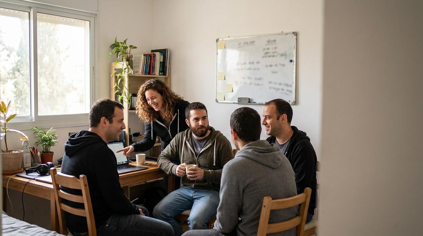 ארבעה אנשי מקצוע בחולצות קפוצ'ון נפגשים סביב שולחן בחדר שינה ביתי עם לוח לבן מטושטש ברקע ומדברים על הזדמנויות עבודה.